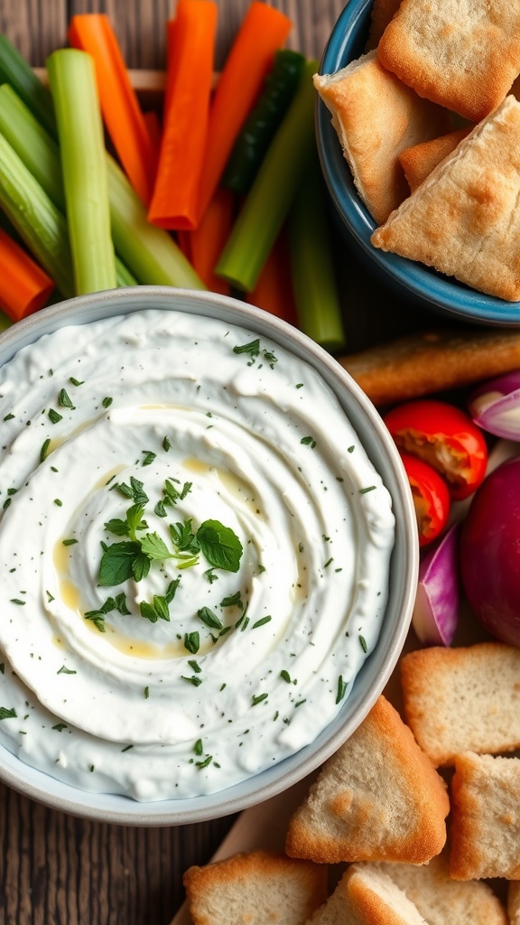 Creamy spinach yogurt dip in a bowl with fresh herbs, surrounded by colorful veggies and pita on a wooden table.